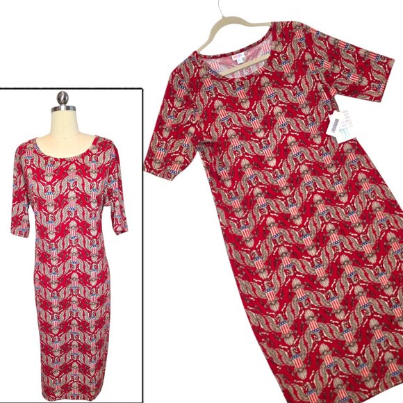 LuLaRoe Julia Dress 2XL Patriotic Americana Red Eagle Stars Stripes USA Flag - Picture 1 of 10